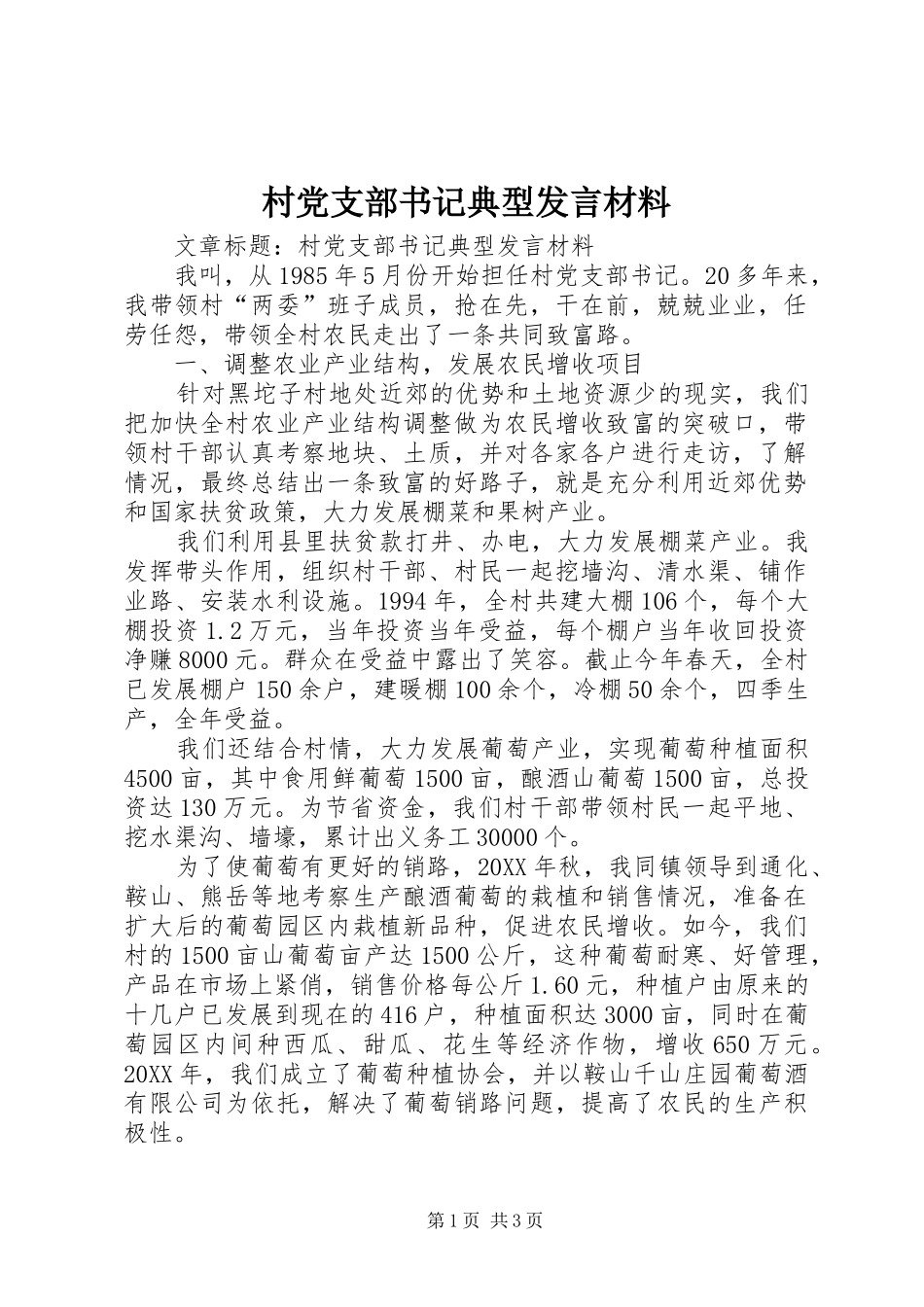 2024年村党支部书记典型讲话材料_第1页