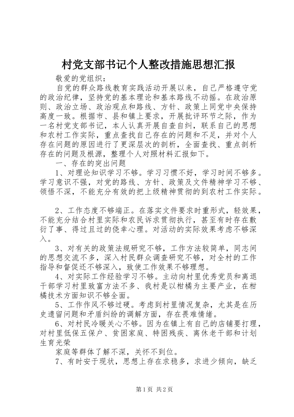2024年村党支部书记个人整改措施思想汇报_第1页