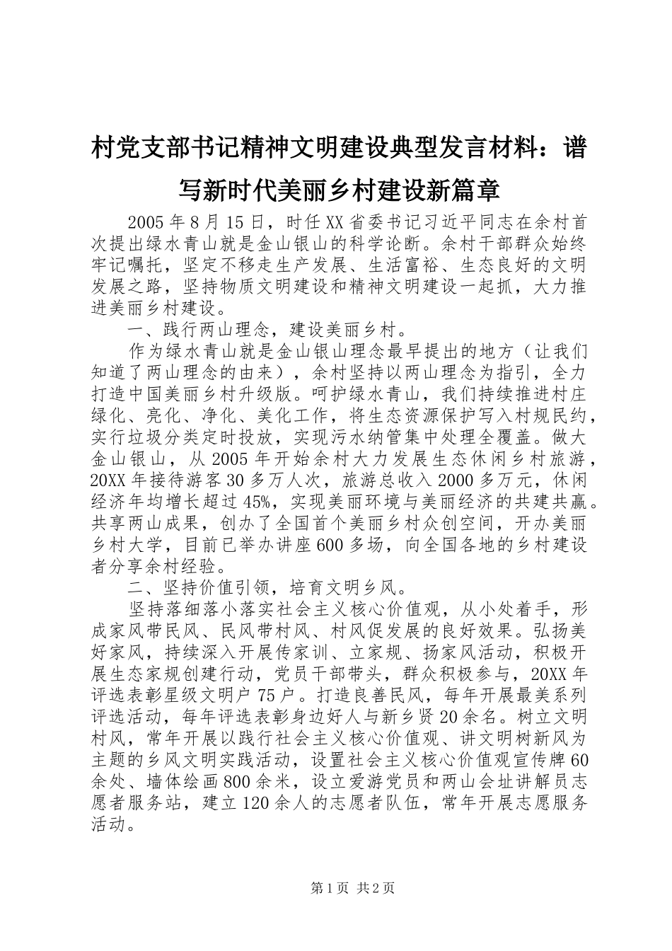 2024年村党支部书记精神文明建设典型讲话材料谱写新时代美丽乡村建设新篇章_第1页