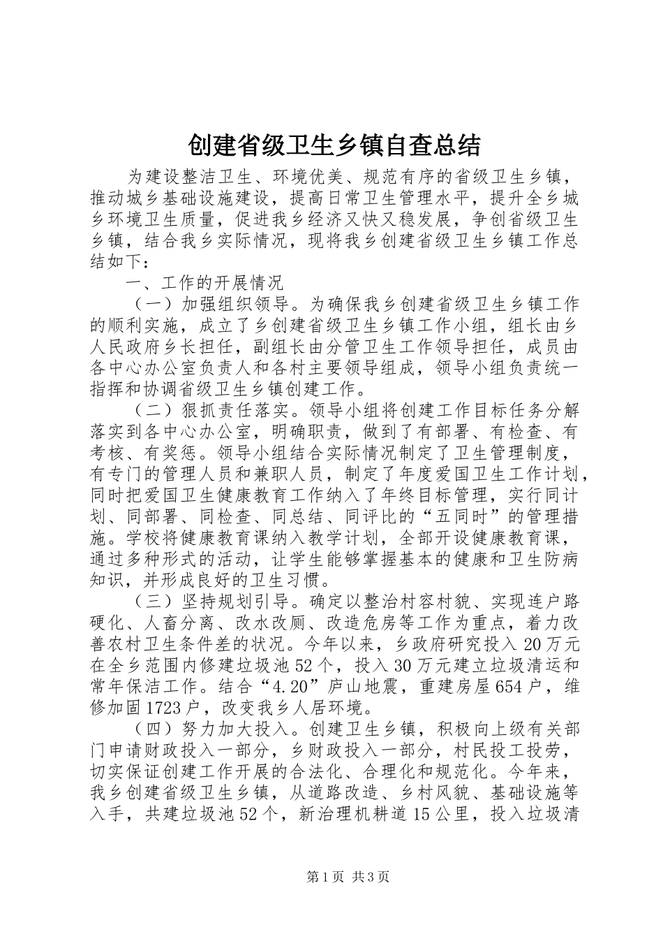 2024年创建省级卫生乡镇自查总结_第1页