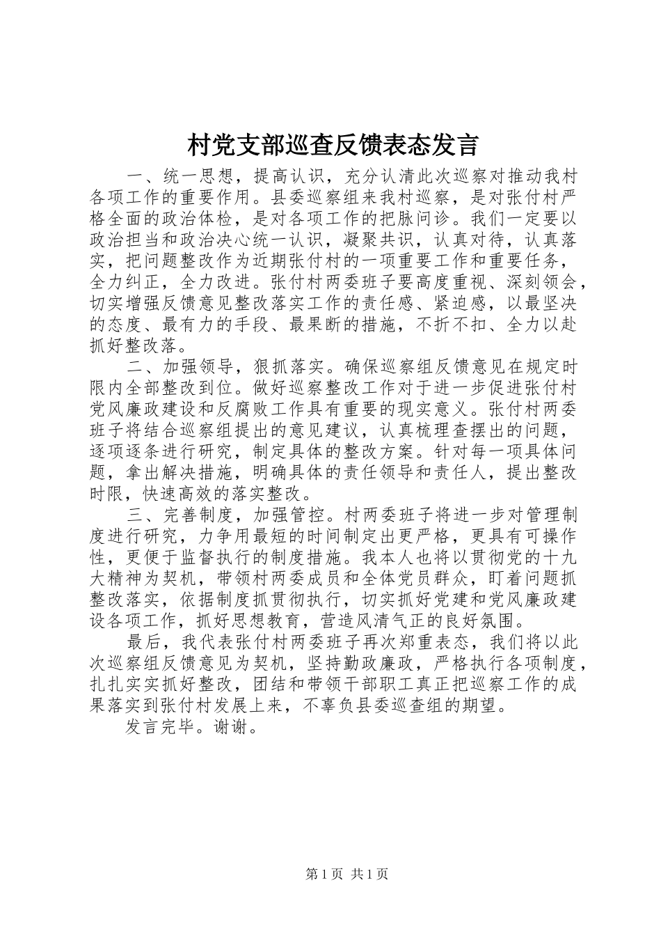 2024年村党支部巡查反馈表态讲话_第1页