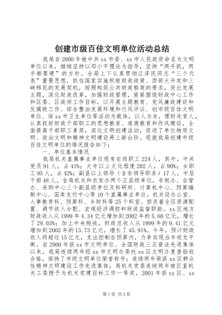 2024年创建市级百佳文明单位活动总结