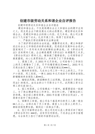 2024年创建市级劳动关系和谐企业自评报告
