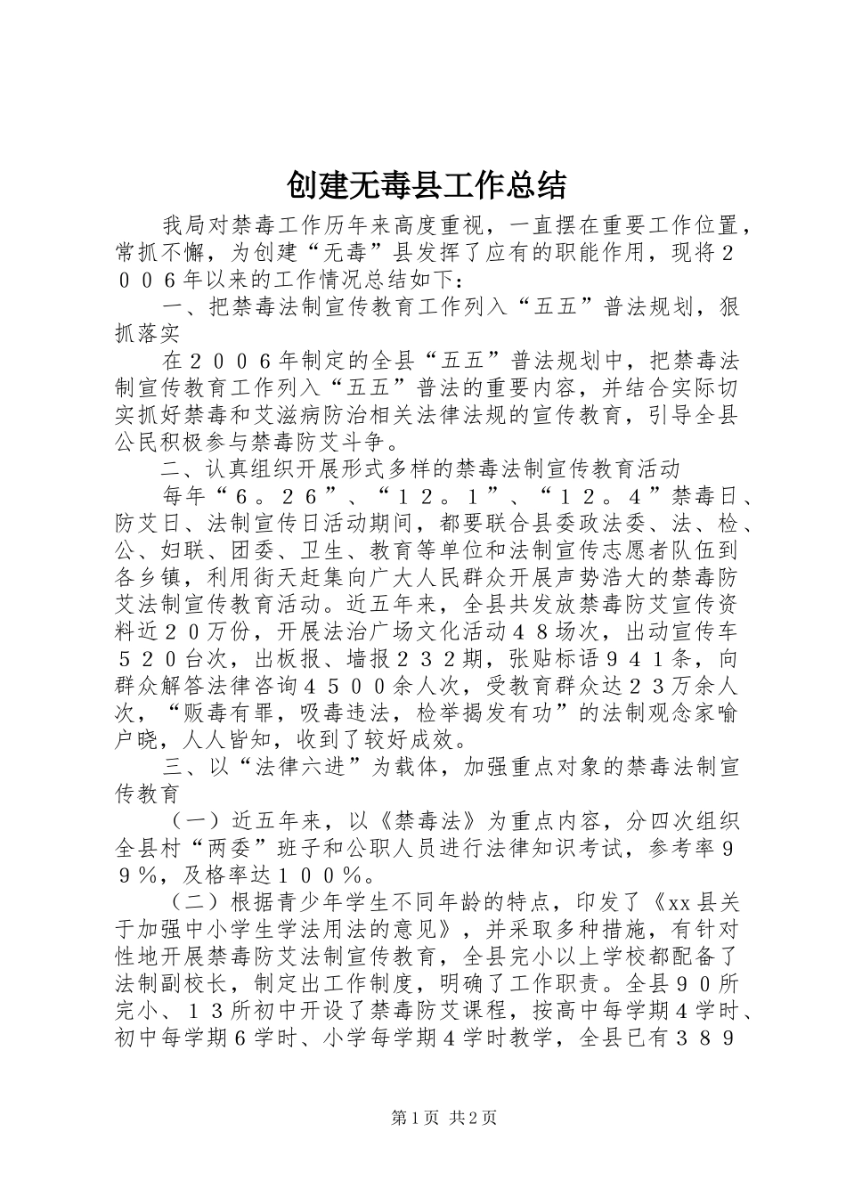 2024年创建无毒县工作总结_第1页