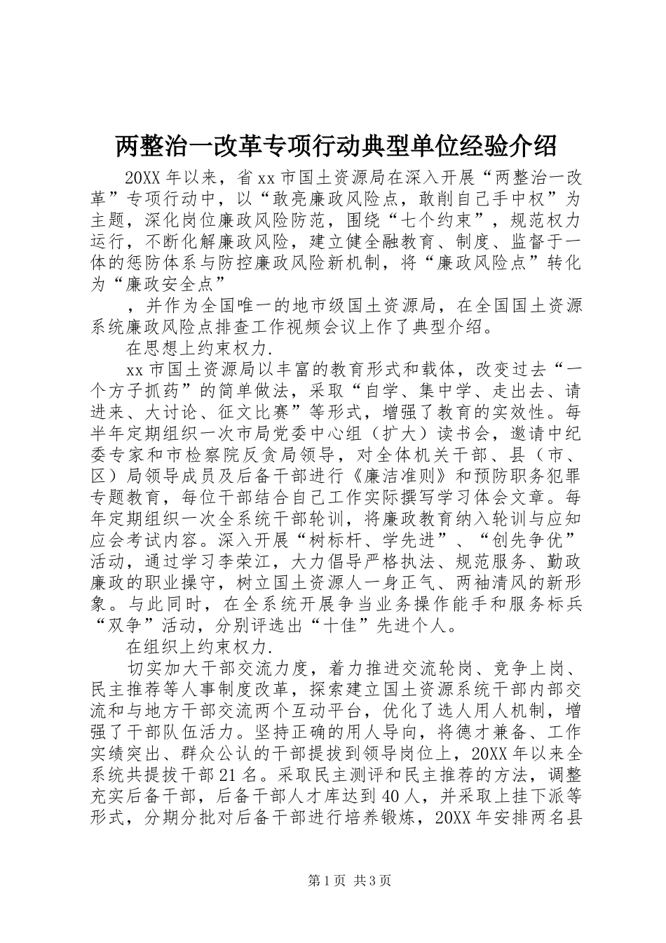 2024年两整治一改革专项行动典型单位经验介绍_第1页