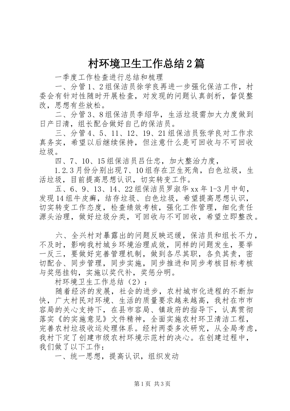 2024年村环境卫生工作总结篇_第1页