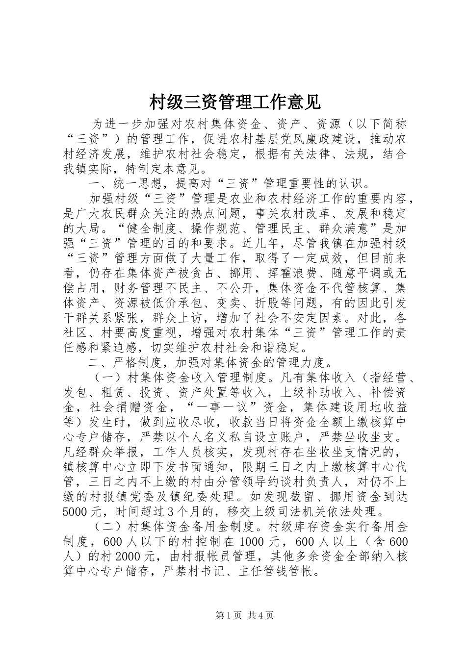 2024年村级三资管理工作意见_第1页
