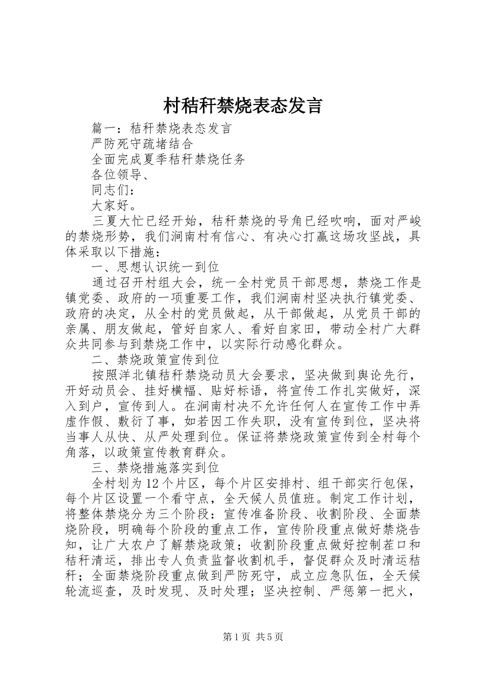 2024年村秸秆禁烧表态讲话_第1页