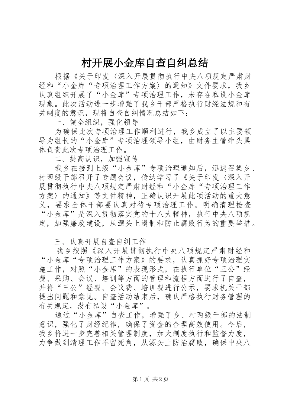2024年村开展小金库自查自纠总结_第1页