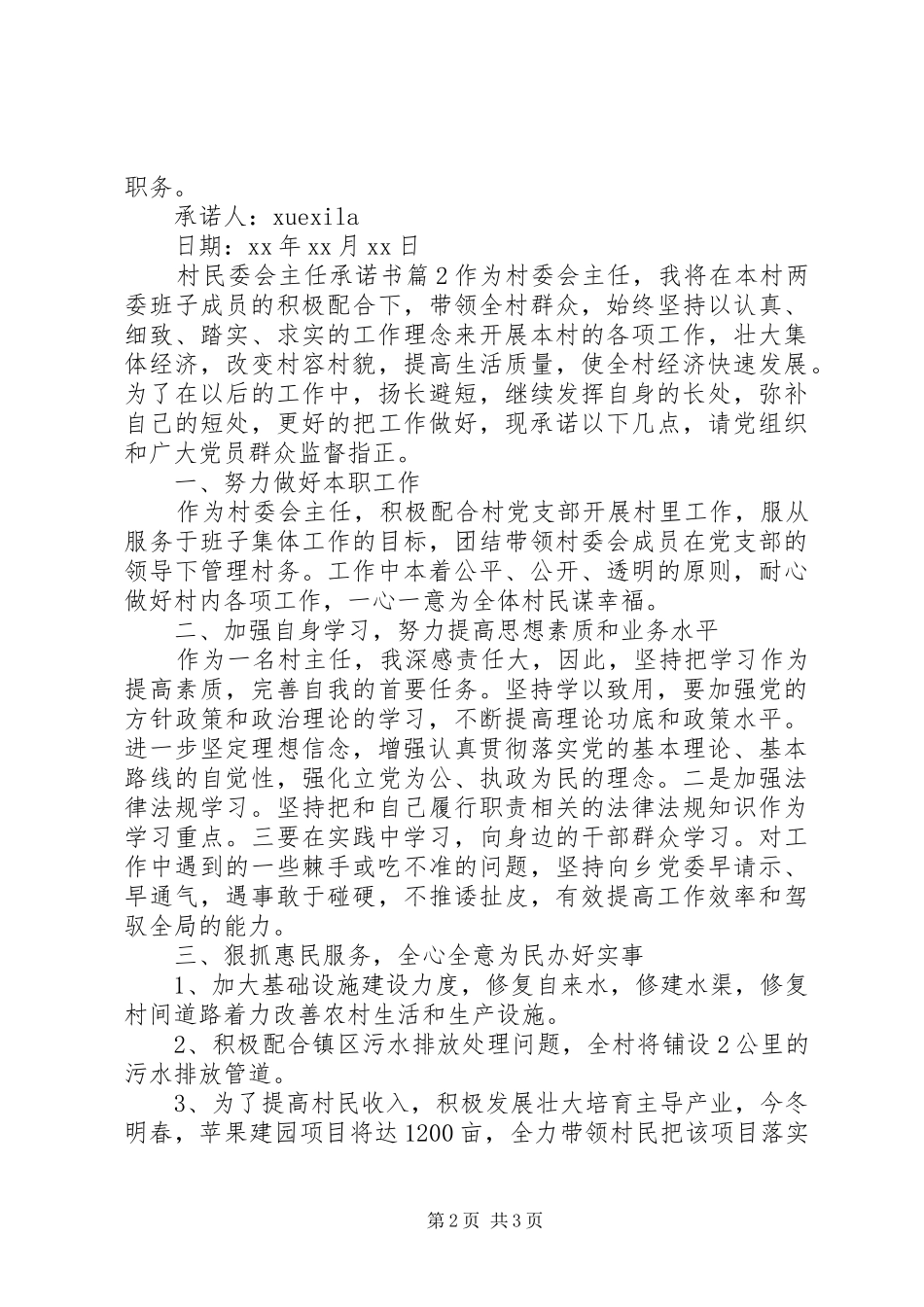 2024年村民委会主任承诺书_第2页