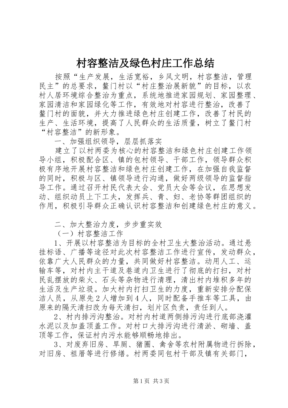 2024年村容整洁及绿色村庄工作总结_第1页