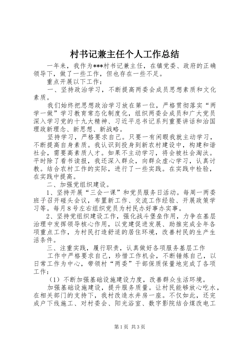 2024年村书记兼主任个人工作总结_第1页