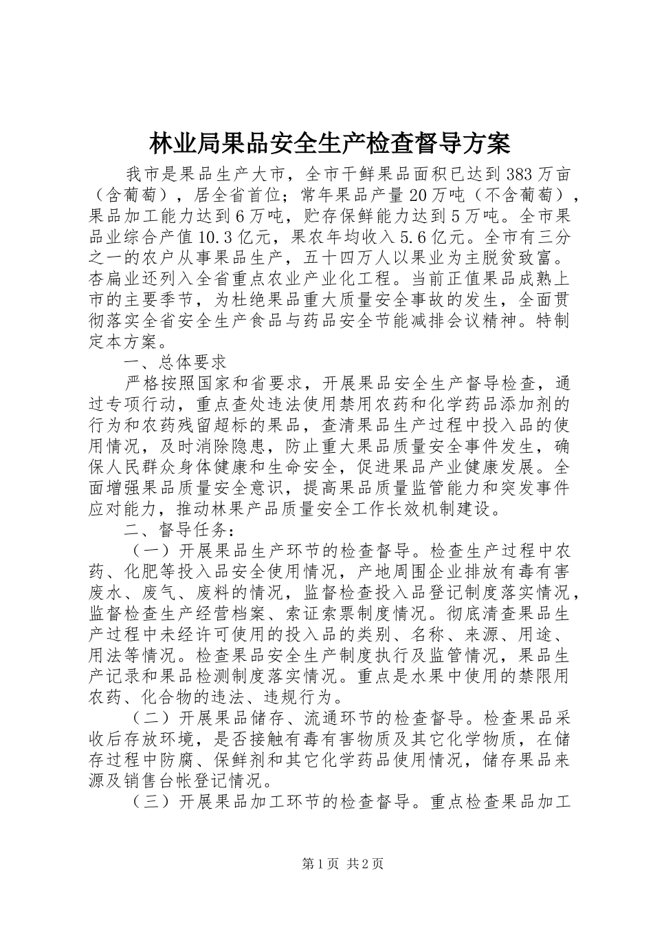 2024年林业局果品安全生产检查督导方案_第1页