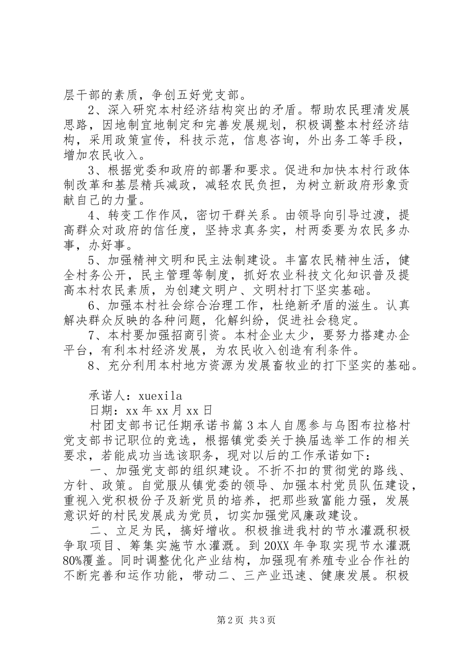 2024年村团支部书记任期承诺书_第2页