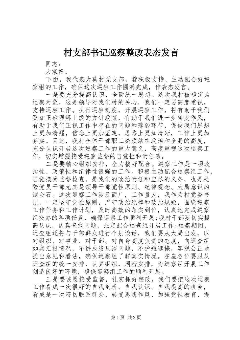2024年村支部书记巡察整改表态讲话_第1页