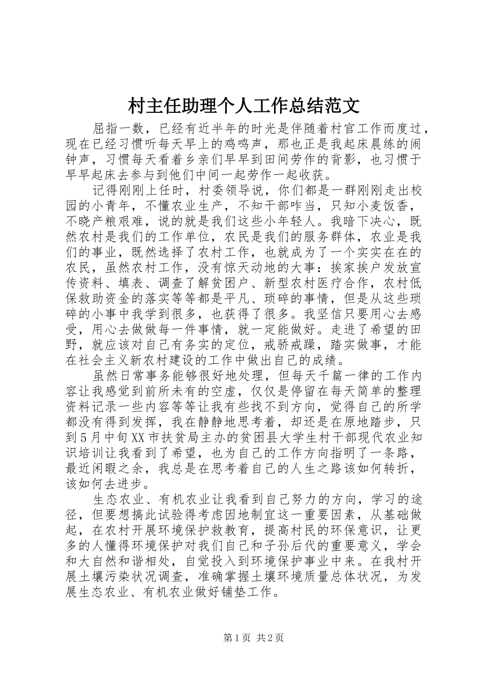 2024年村主任助理个人工作总结范文_第1页