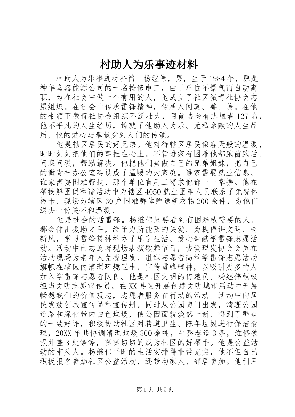2024年村助人为乐事迹材料_第1页