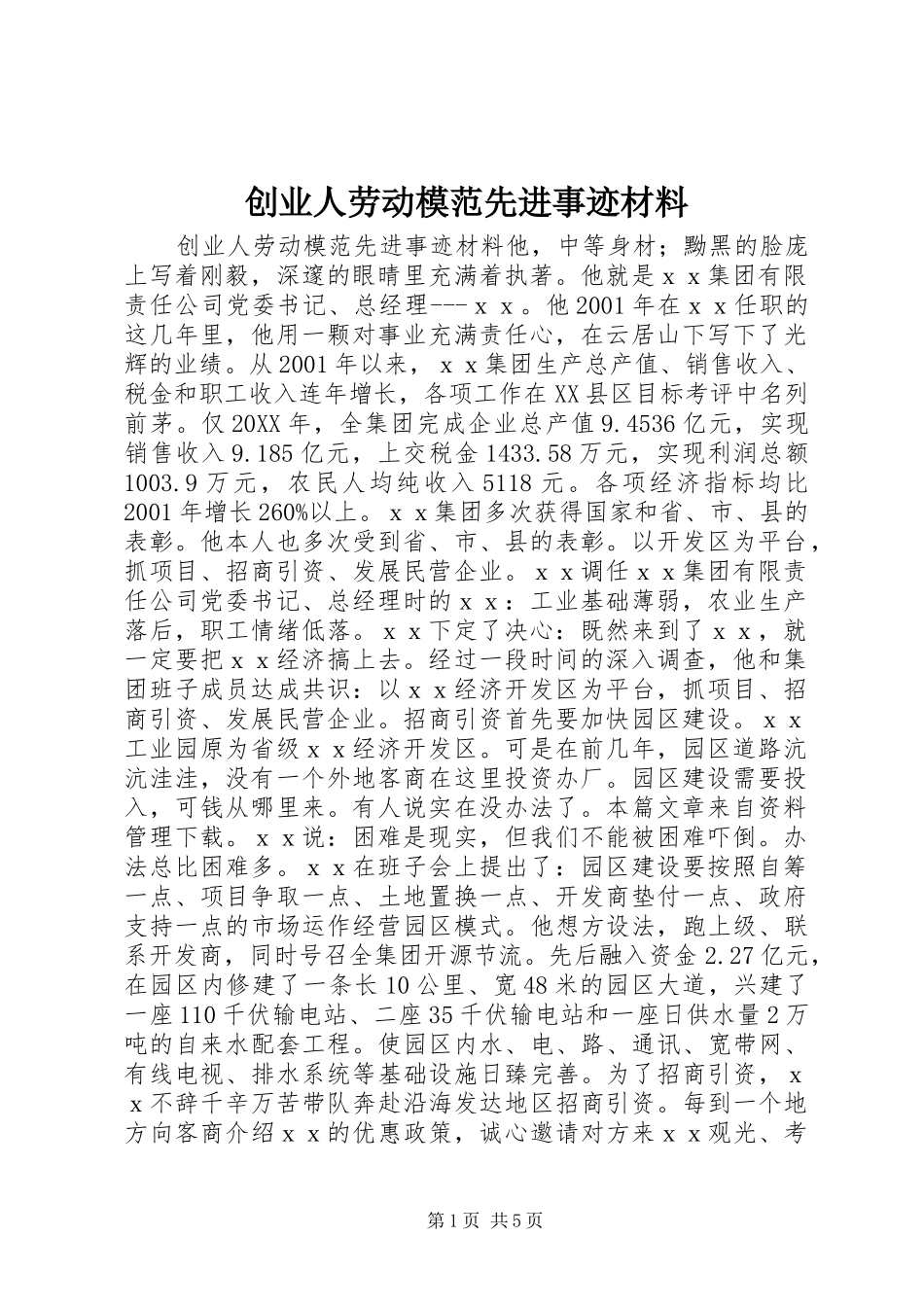 2024年创业人劳动模范先进事迹材料_第1页