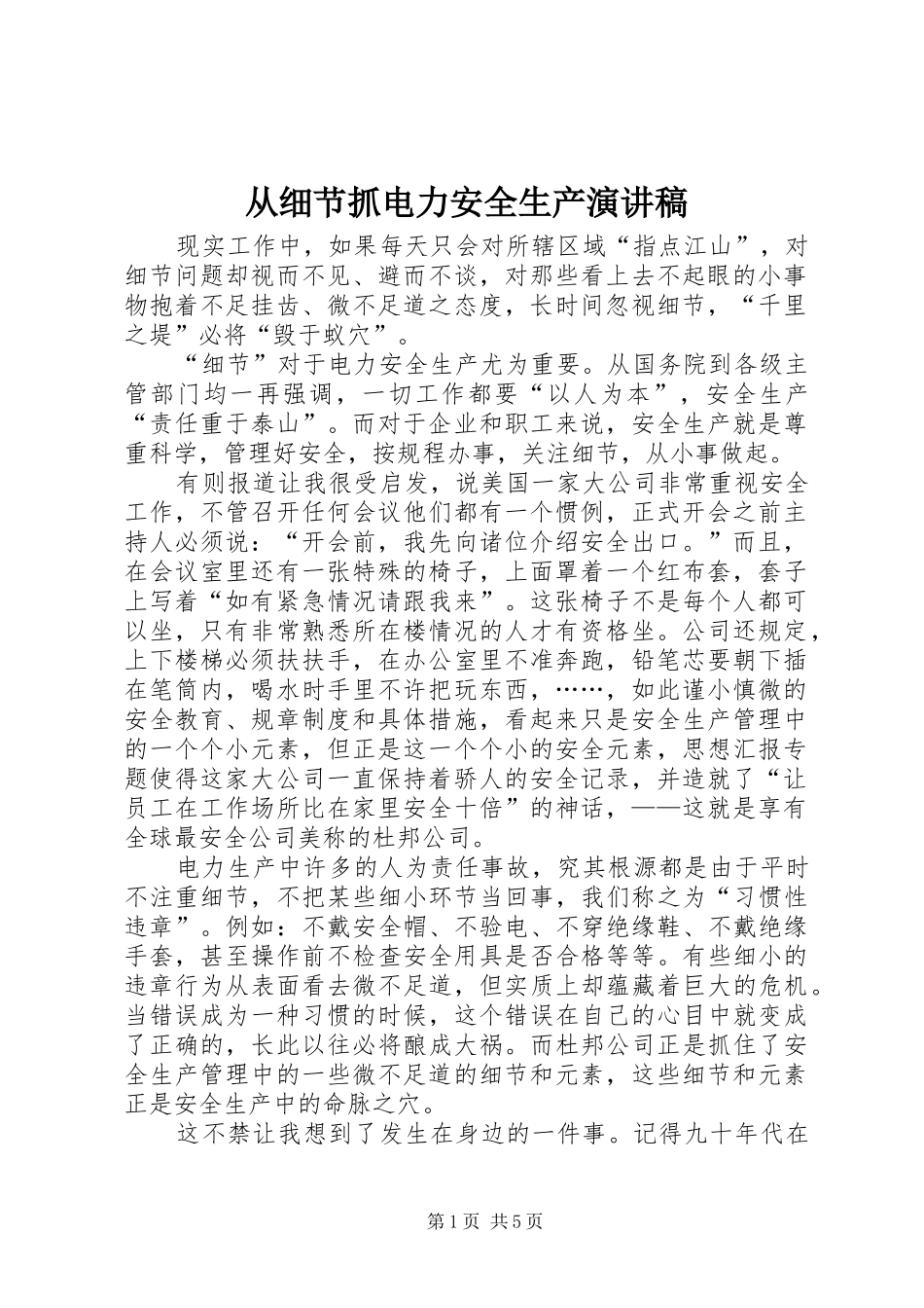 2024年从细节抓电力安全生产演讲稿_第1页
