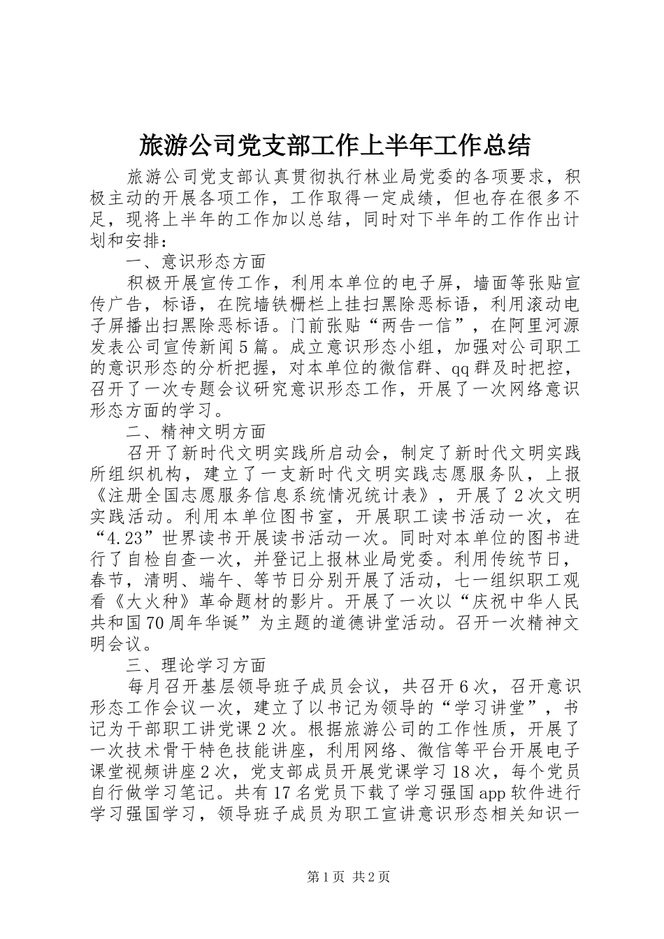 2024年旅游公司党支部工作上半年工作总结_第1页