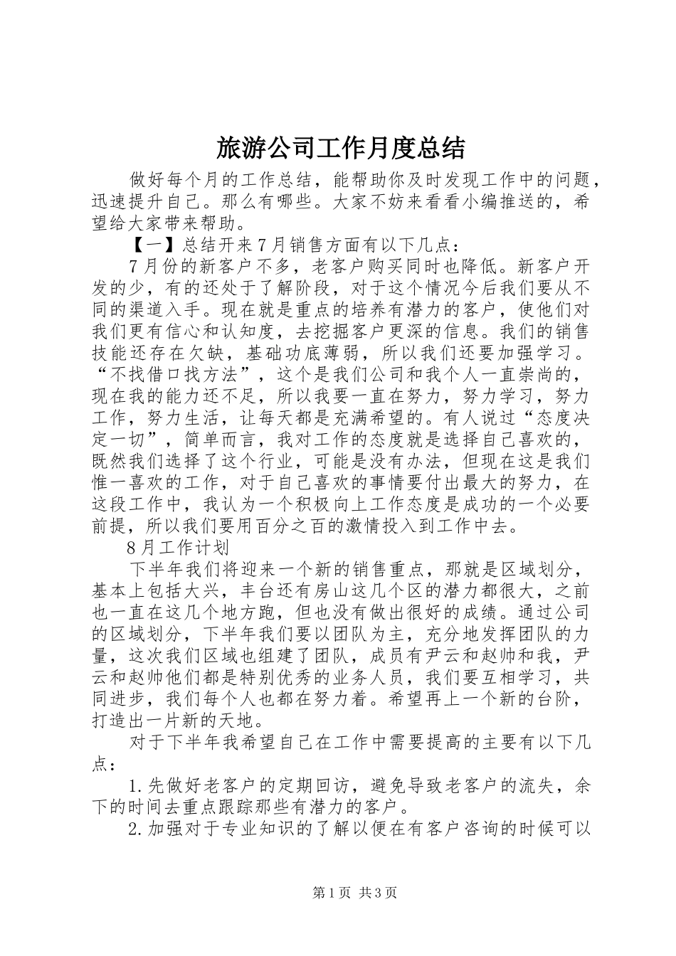2024年旅游公司工作月度总结_第1页