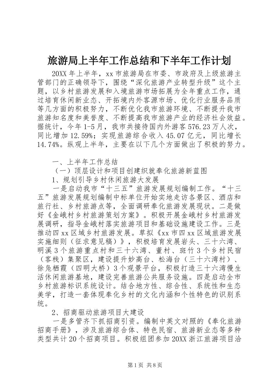 2024年旅游局上半年工作总结和下半年工作计划_第1页