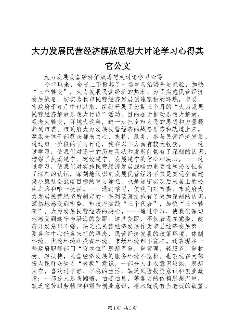 2024年大力发展民营经济解放思想大讨论学习心得其它公文_第1页