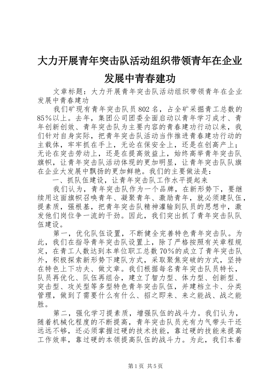 2024年大力开展青年突击队活动组织带领青年在企业发展中青春建功_第1页