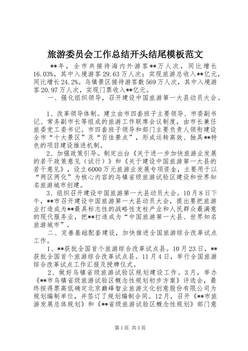 2024年旅游委员会工作总结开头结尾模板范文_第1页