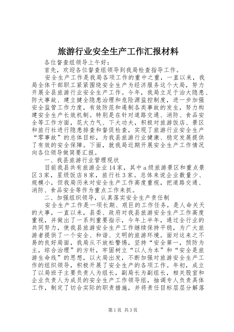 2024年旅游行业安全生产工作汇报材料_第1页
