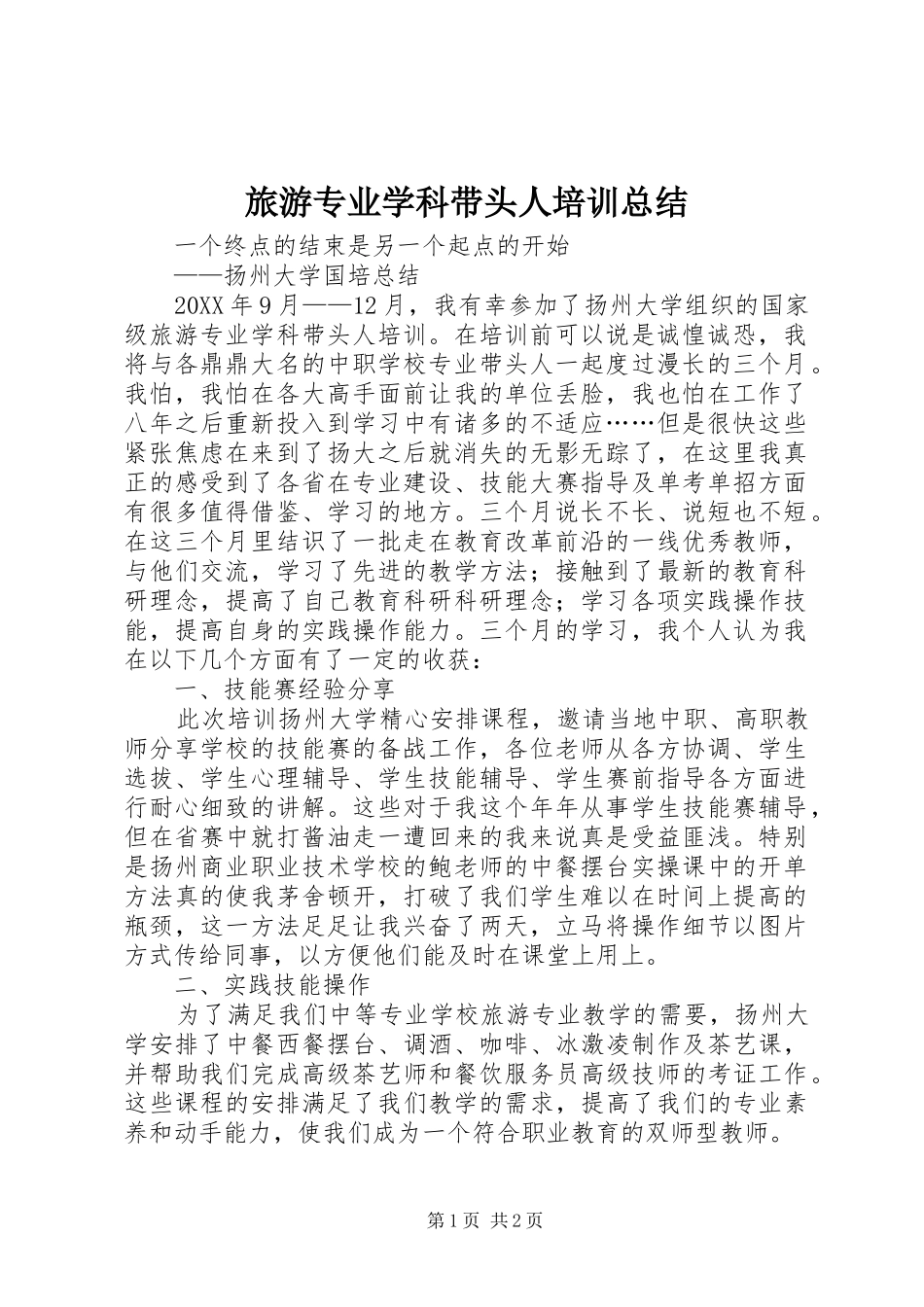 2024年旅游专业学科带头人培训总结_第1页