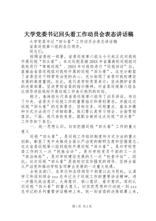 2024年大学党委书记回头看工作动员会表态致辞稿