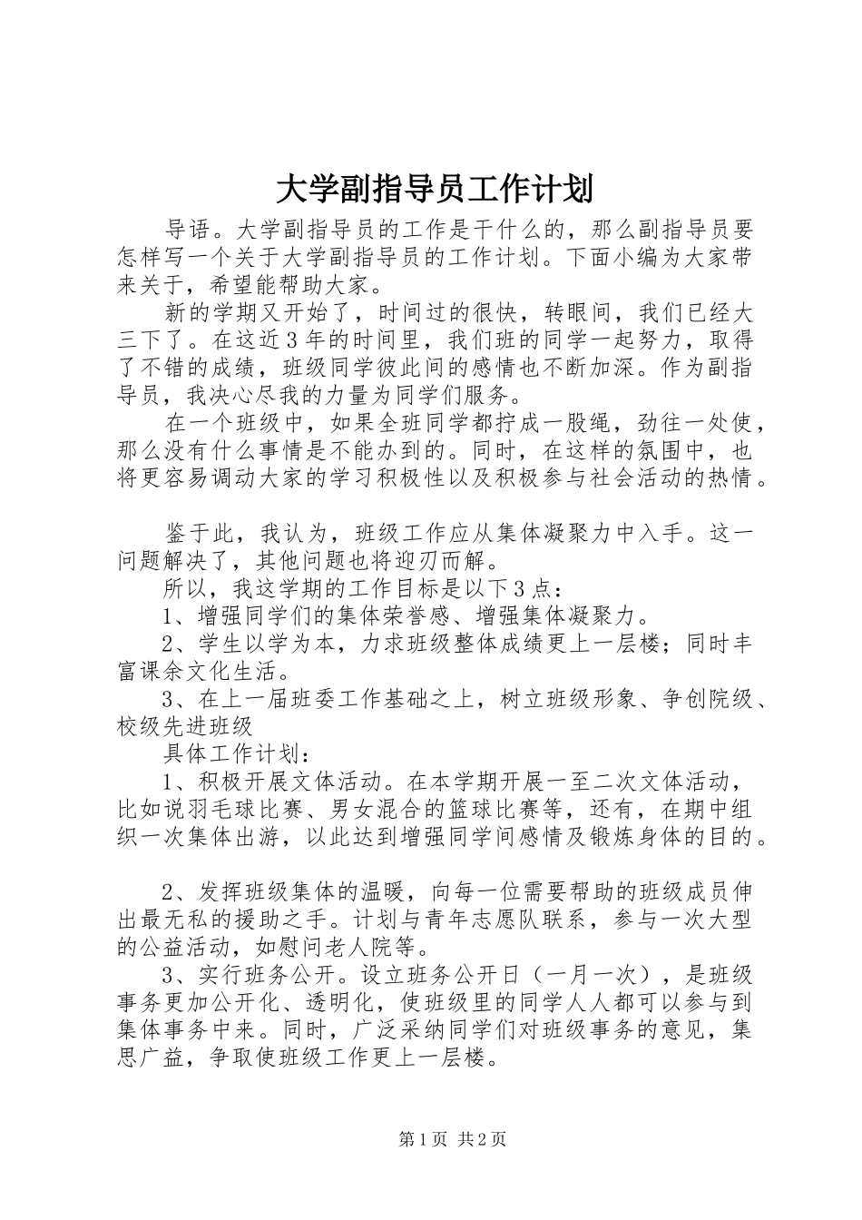 2024年大学副指导员工作计划_第1页