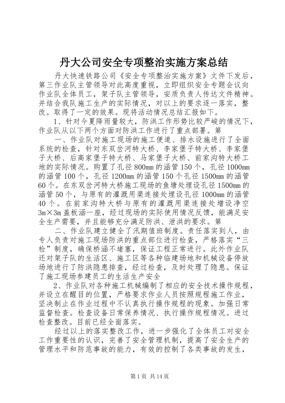 2024年丹大公司安全专项整治实施方案总结_第1页