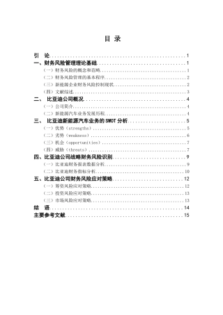 比亚迪新能源企业财务风险分析与应对的案例研究分析 财务会计学专业