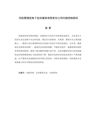 风险管理视角下宏欣煤炭有限责任公司内部控制探析研究  工商管理专业