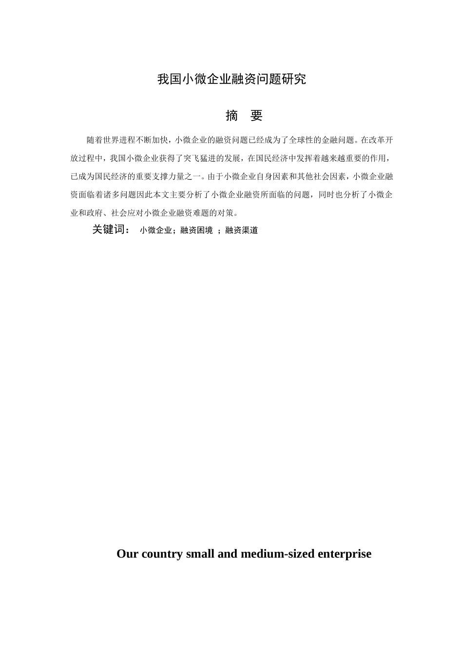我国小微企业融资问题研究分析 金融学专业_第1页