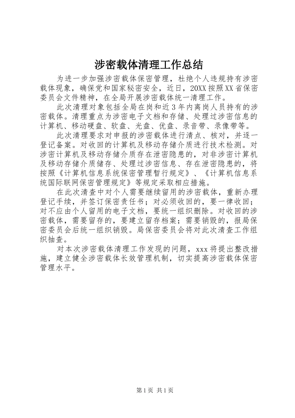 2024年涉密载体清理工作总结_第1页