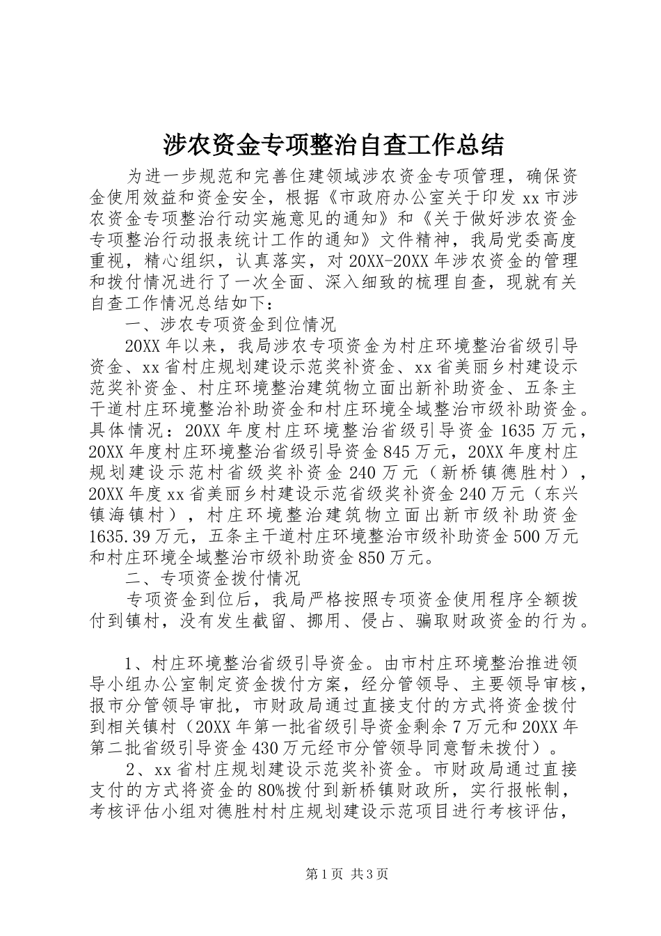 2024年涉农资金专项整治自查工作总结_第1页
