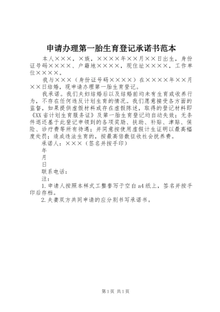 2024年申请办理第一胎生育登记承诺书范本