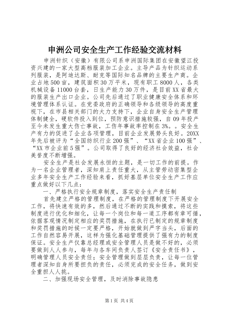 2024年申洲公司安全生产工作经验交流材料_第1页