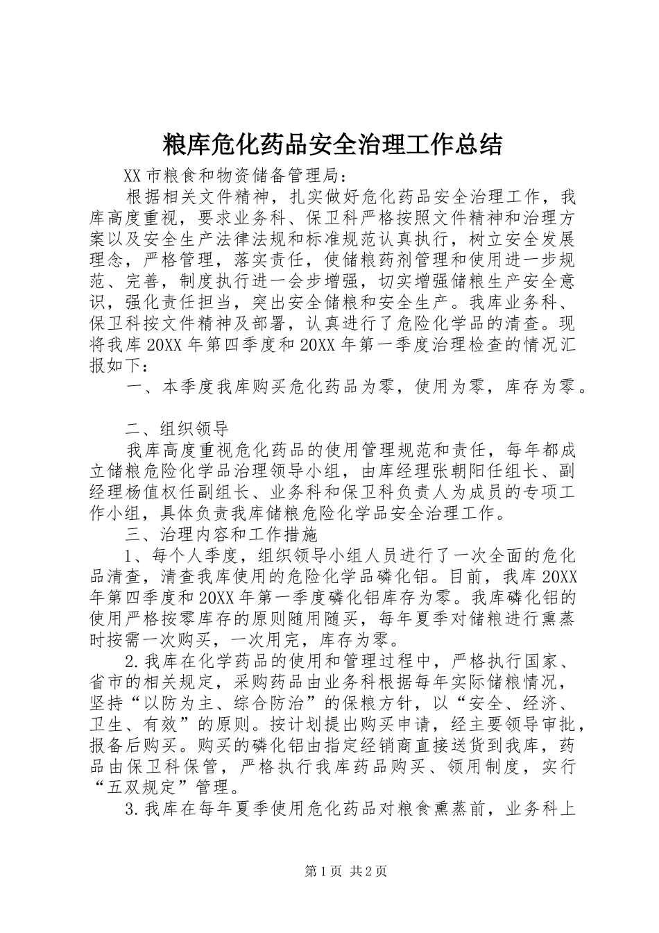 2024年粮库危化药品安全治理工作总结_第1页