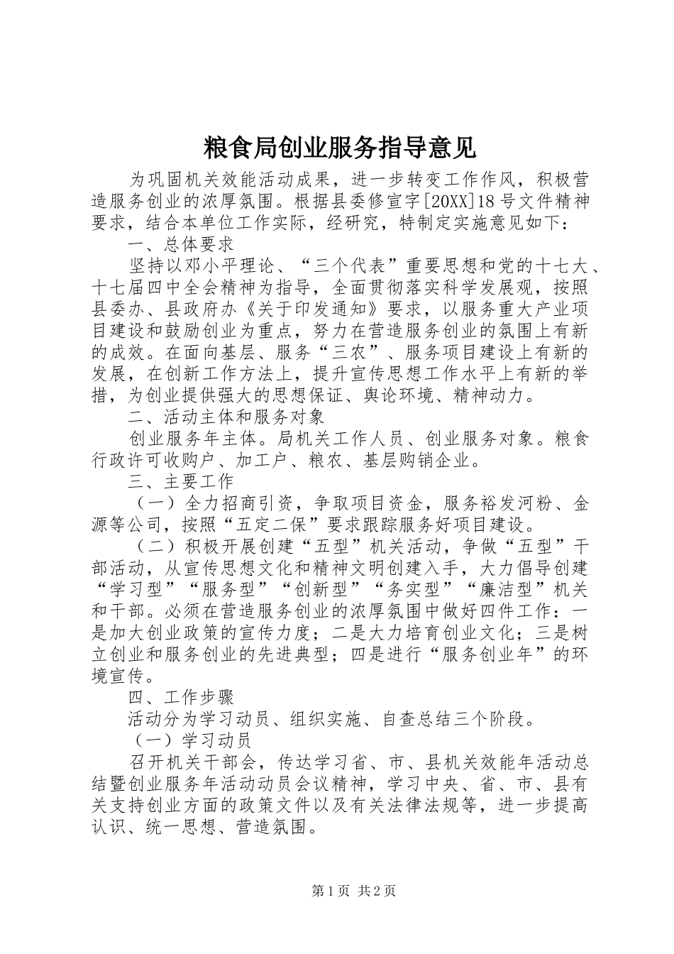 2024年粮食局创业服务指导意见_第1页