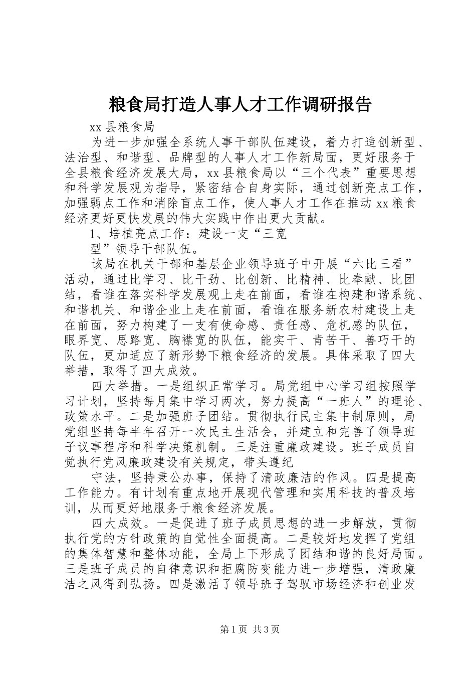 2024年粮食局打造人事人才工作调研报告_第1页