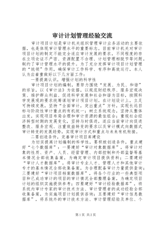 2024年审计计划管理经验交流