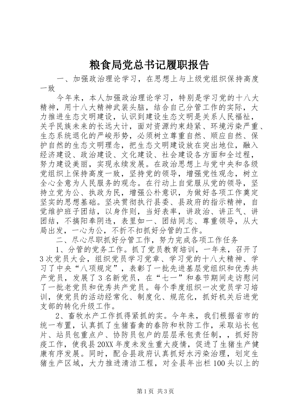2024年粮食局党总书记履职报告_第1页