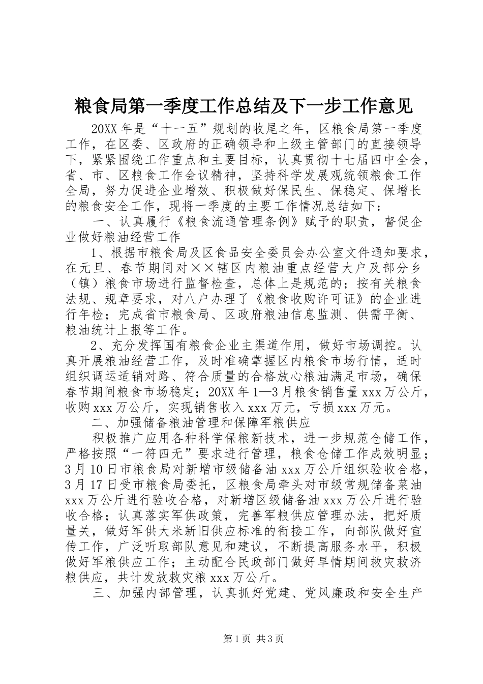 2024年粮食局第一季度工作总结及下一步工作意见_第1页