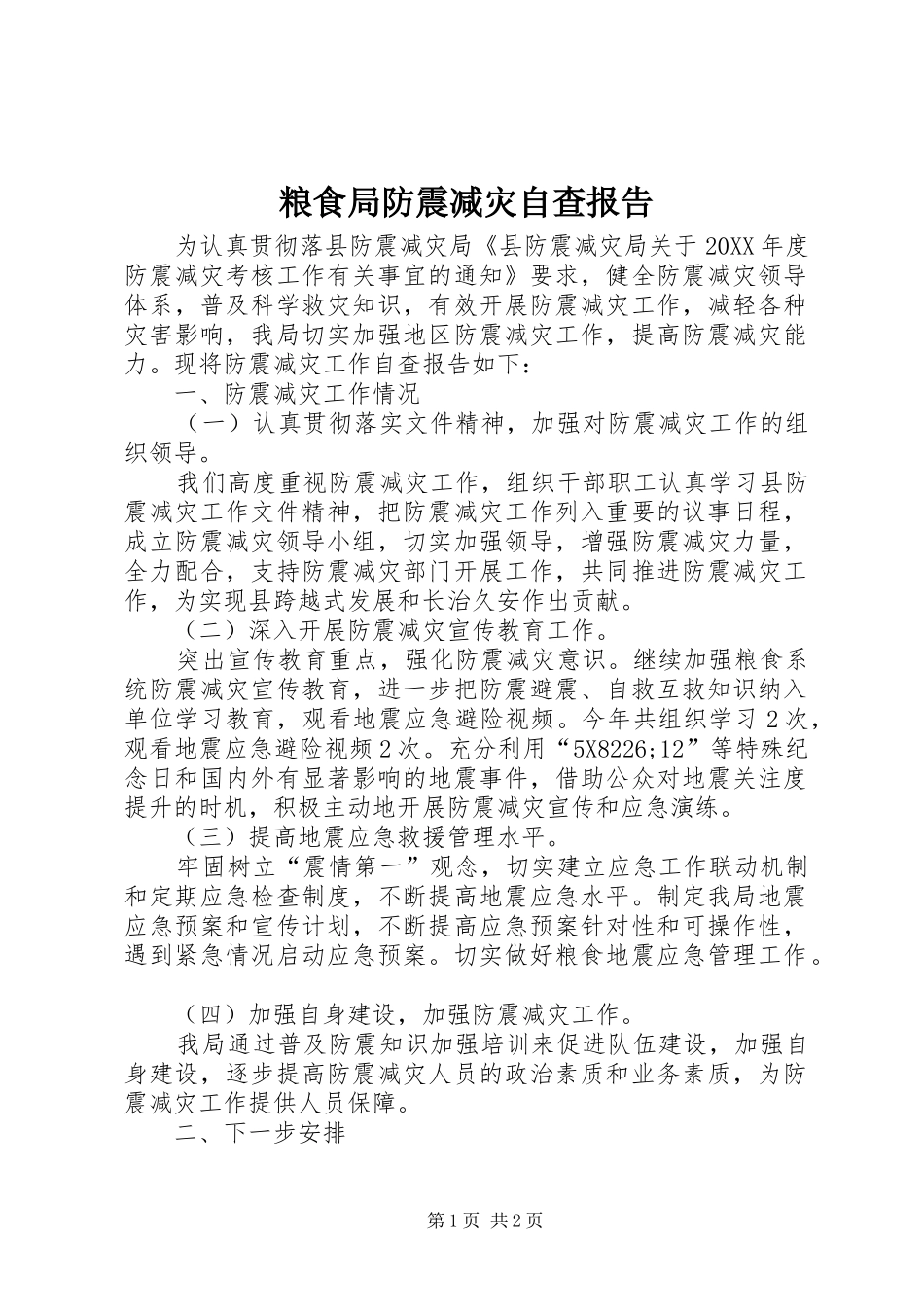 2024年粮食局防震减灾自查报告_第1页