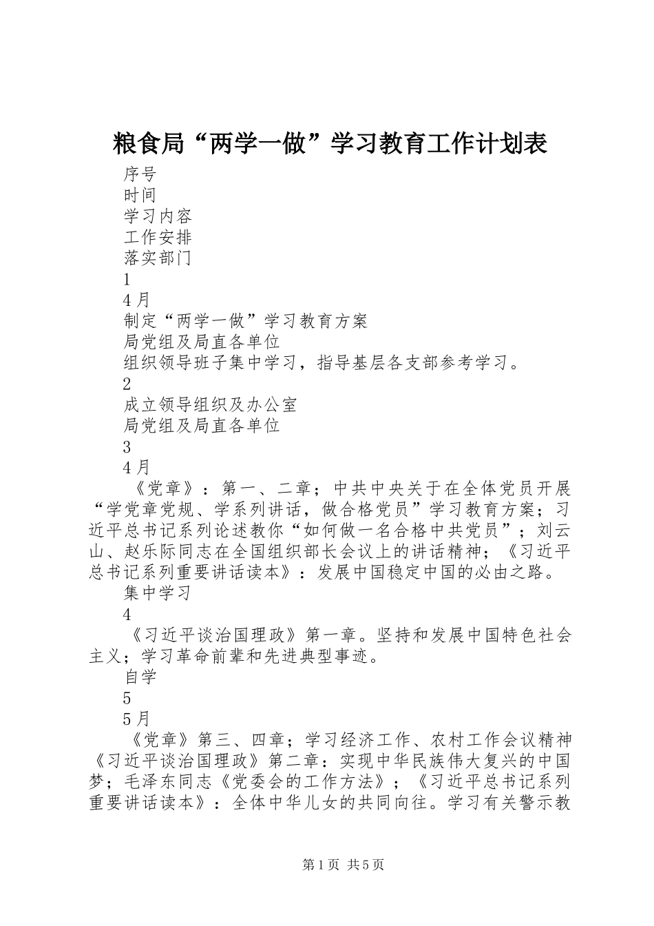 2024年粮食局两学一做学习教育工作计划表_第1页