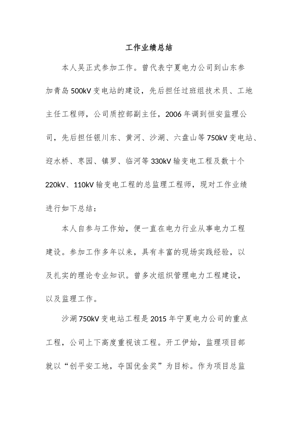 电力行业技术工作人员工作业绩总结_第1页